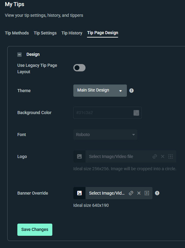 Design configuration screen for setting up tipping layouts.